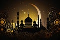 Silhouette Mosque Illustration with crescent moon Background for Eid Mubarak created with AI Generative Tool.