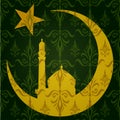 Silhouette of Mosque or Masjid on moon with stars on abstract green background, concept for Muslim community holy month Ramadan