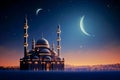 Silhouette of a mosque in the night sky with a crescent moon islamic style. Royalty Free Stock Photo