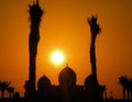 Silhouette of a Mosque with Orange Sky and sun framed by Palm Trees