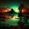 Silhouette of the mosque at sunset, sand, desert, palm trees, water, mirror image. Mosque as a place of prayer for Muslims