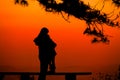 Silhouette mother and Child lovers natural background at the beach and mountain Royalty Free Stock Photo