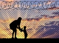 Silhouette mother with child refugees Royalty Free Stock Photo