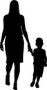 Silhouette. Mother plays with son and holds his hand