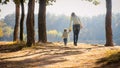 Silhouette of young mother with toddler boy walking at autumn park Royalty Free Stock Photo