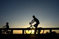 Silhouette motion cyclist bicycles against sunset Royalty Free Stock Photo