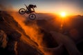 Silhouette of motorbike rider doing stunt on rocky mountain as jump cross slope of mountain with sunset backlit Royalty Free Stock Photo