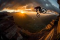 Silhouette of motorbike rider doing stunt on rocky mountain as jump cross slope of mountain with sunset backlit