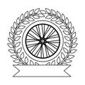 Silhouette motorcycle wheel award in monochrome with olive branch and ribbon