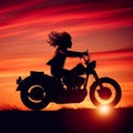 Silhouette of a motorcyclist riding into the sunset. Generated AI Royalty Free Stock Photo
