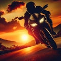 Silhouette of a motorcyclist riding into the sunset. Generated AI Royalty Free Stock Photo