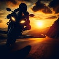 Silhouette of a motorcyclist riding into the sunset. Generated AI Royalty Free Stock Photo