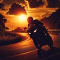 Silhouette of a motorcyclist riding into the sunset. Generated AI Royalty Free Stock Photo