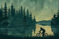 Silhouette of mountain bike rider in magical misty forest. Wild nature landscape.