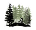Silhouette of mountain bike rider in wild nature landscape. Forest background.