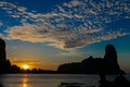 Silhouette of mountain cliff at sunset on sea beach resort in Thailand, Krabi, Railey and Tonsai Royalty Free Stock Photo