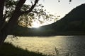 Silhouette mountain and river before sunset Royalty Free Stock Photo