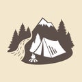 Silhouette of mountains and tent on forest background