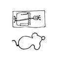 Silhouette mouse and mousetrap in hand drawn style. Sketch of a rodent and trap on a white background in isolation. Vector