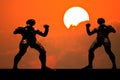 Silhouette muay thai boxer in sunset background