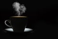 Silhouette of a mug with a warm drink and curly steam in the shape of a heart on a black background. Morning coffee Royalty Free Stock Photo