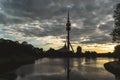 Silhouette of the Munich Olympic Park on a summery morning.