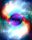 Silhouette of music Audio Speaker and note, abstract background, Light Circle. Music concept. Royalty Free Stock Photo