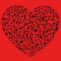 Silhouette music notes heart on red