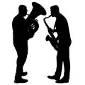 Silhouette of musician playing the saxophone and tuba on a white background