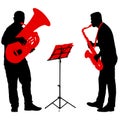 Silhouette of musician playing the saxophone and tuba on a white background