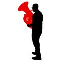 Silhouette of musician playing the tuba on a white background