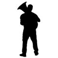 Silhouette of musician playing the tuba on a white background