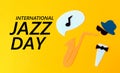 Silhouette of a musician with a saxophone from which melodie flew out, on a yellow background, cutted out of felt. Flat lay. Royalty Free Stock Photo