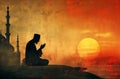 Silhouette of muslim man praying silhouette of muslim man praying with sunset background Royalty Free Stock Photo