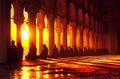 Silhouette of muslim man sitting while raised hands and praying in mosque with Islamic concept Royalty Free Stock Photo