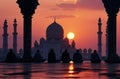 Silhouette of muslim man sitting while raised hands and praying in mosque with Islamic concept Royalty Free Stock Photo