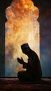 Silhouette of muslim man sitting while raised hands and praying in mosque with Islamic concept Royalty Free Stock Photo