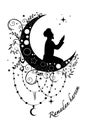 Silhouette of a Muslim praying on Cescent moon, Ramadan concept in boho style. Islamic symbol Eid and Eid Al-Adha