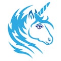 The silhouette of the muzzle is a unicorn, painted in blue, painted with lines and zigrags. Logo of the mythical animal unicorn.