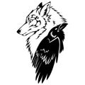 Silhouette of a muzzle of a wolf and a raven of a grak. Linear tattoo style.Design suitable for animal logo, tattoo, decor, mural