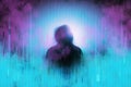 Silhouette of a mysterious hooded figure without a face, surrounded by a glitch, neon edit