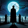 Silhouette mysterious man in front of old graveyard at Halloween night Royalty Free Stock Photo