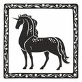 Silhouette of the mythological horse Unicorn. Decorative graphics stylization of medieval miniatures