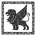 Silhouette of a mythological winged lion. Decorative graphics stylization of medieval miniatures