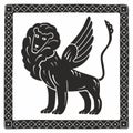 Silhouette of a mythological winged lion. Stylization of medieval miniatures