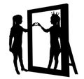 Silhouette of a narcissistic woman and a hand gesture of heart in reflection in mirror Royalty Free Stock Photo