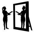 Silhouette of a narcissistic woman raises her self-esteem in front of a mirror Royalty Free Stock Photo