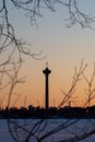 Silhouette of Nasinneula Observation Tower in Tampere, Finland during sunrise in winter, framed by the branches of a tree