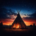 Silhouette of a Native American Indian teepee under a starry night Royalty Free Stock Photo