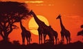 silhouette nature sunset wildlife elephant animal africa wild giraffe safari. Generative AI. Royalty Free Stock Photo